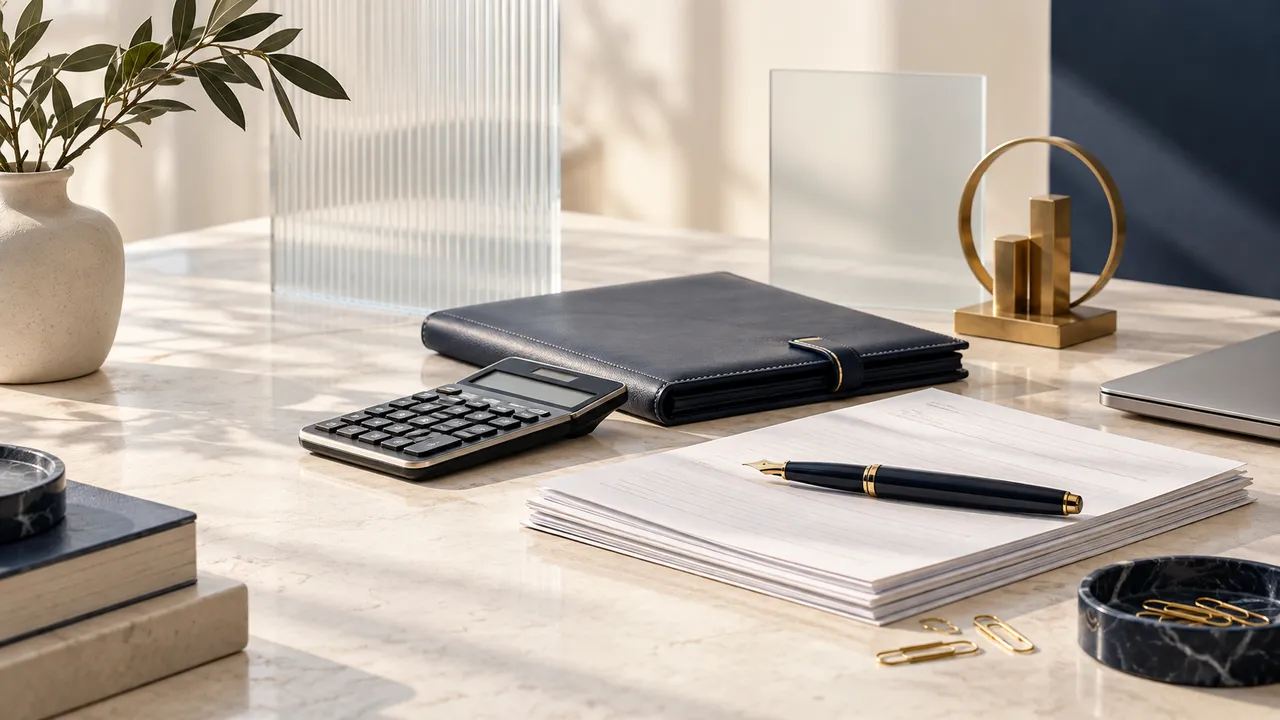Organized accounting documents, calculator and navy business folio